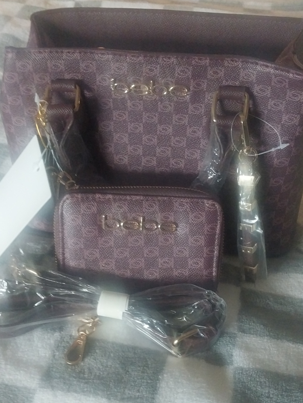 bebe Brown Logo Monogram Purse with Gold Hardware